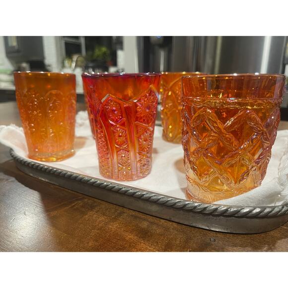 Six Vintage Mid-Century Marigold Iridescent Carnival Glass Glasses - Picture 4 of 5